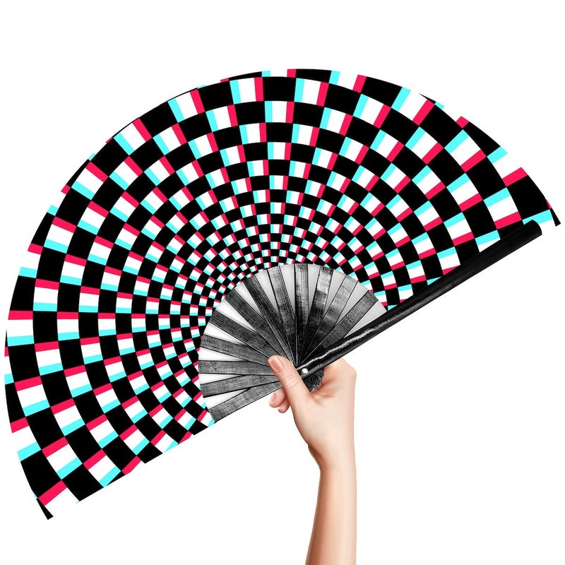 OMyTea Large Rave Clack Folding Hand Fan for Men/Women - Chinese Japanese Bamboo Handheld Fan - for EDM, Music Festival, Club, Event, Party, Dance, Performance, Decoration, Gift (Illusion Checkered) - Image 1